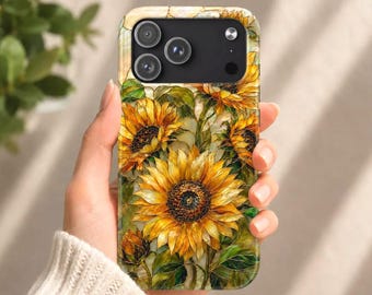 Étui de téléphone en vitrail tournesol, motif floral doré pour iPhone et Samsung