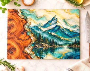 Planche à découper en verre « Lac de montagne », décoration de cuisine nature, cadeau rustique champêtre