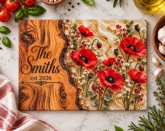 Planche à découper en verre personnalisée avec motif coquelicot, décoration de cuisine florale personnalisée avec nom de famille