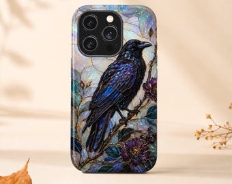 Étui de téléphone en vitrail Corbeau, étui gothique à motif floral corbeau, coque magnétique opalescente pour iPhone et Samsung