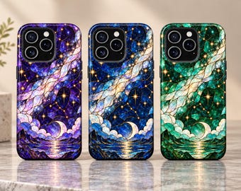 Coque de téléphone en verre vitrail céleste, lune et étoiles, compatible MagSafe, résistante, pour iPhone 17 et Samsung S26
