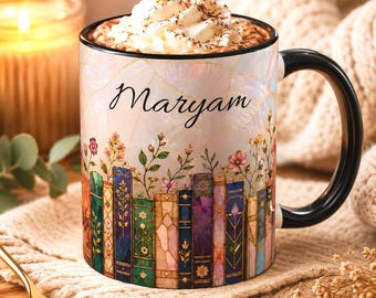 Mug bibliothèque personnalisée en vitrail, tasse à café personnalisée pour amateur de livres