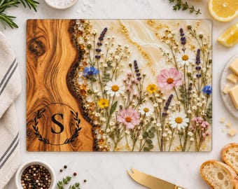 Planche à découper en verre personnalisée avec motif floral sauvage, décoration de cuisine florale monogrammée personnalisée