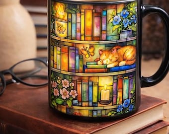 Taza de estantería con diseño de gato de vitral, amante de los libros