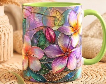 Opal Stained Glass Style Plumeria Mug, Iridescent Frangipani Floral Gift