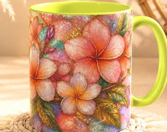 Stained Glass Style Plumeria Mug Tropical Frangipani Coffee Cup, Floral Gift For Her