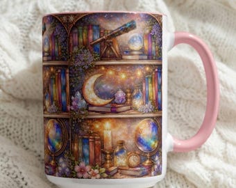 Celestial Library Mug: Book Lover Coffee Cup with Moon & Telescope