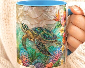 Stained Glass Sea Turtle Mug, Ocean Nature Coffee Cup, Beach Gift