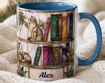Personalized Stained Glass Bookshelf Cats Mug, Custom Book & Cat Lover Gift