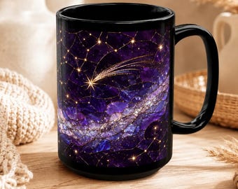 Mug en vitrail céleste, tasse à café galaxie étoile filante violette, cadeau pour astronome amateur