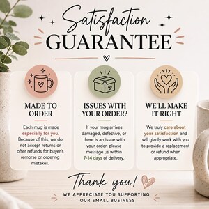 May include: A satisfaction guarantee graphic featuring three circular icons: a mug, a box, and hands holding a heart. Text includes 'SATISFACTION GUARANTEE', 'MADE TO ORDER', 'ISSUES WITH YOUR ORDER?', 'WE'LL MAKE IT RIGHT', and 'Thank you!' with business policies.