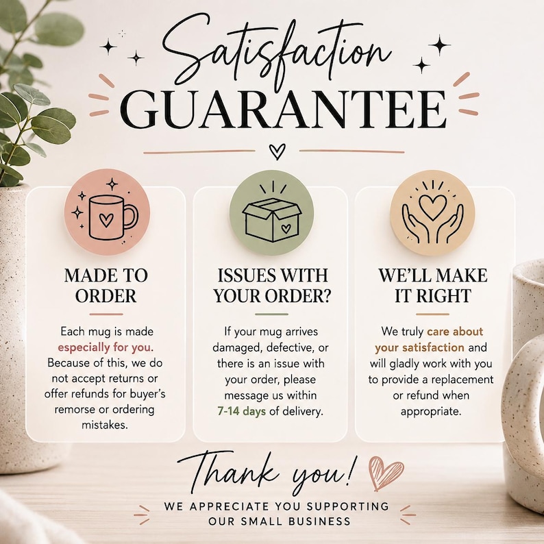 May include: A satisfaction guarantee graphic featuring three circular icons: a mug, a box, and hands holding a heart. Text includes 'SATISFACTION GUARANTEE', 'MADE TO ORDER', 'ISSUES WITH YOUR ORDER?', 'WE'LL MAKE IT RIGHT', and 'Thank you!' with business policies.