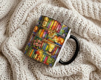 Tazza da libreria con gatto in vetro colorato, amante dei libri