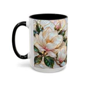 Stained Glass Magnolia Mug, White Floral Coffee Cup, Botanical Nature Gift image 11