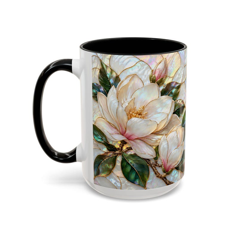 Stained Glass Magnolia Mug, White Floral Coffee Cup, Botanical Nature Gift image 11
