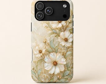 Étui de téléphone en vitrail à motif floral sauvage, coque opalescente pour iPhone et Samsung, couverture botanique blanc perle