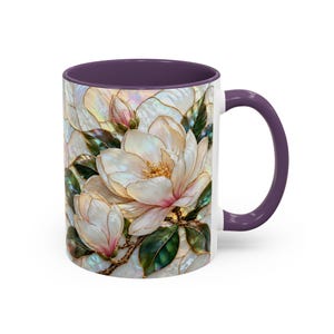 Stained Glass Magnolia Mug, White Floral Coffee Cup, Botanical Nature Gift image 15