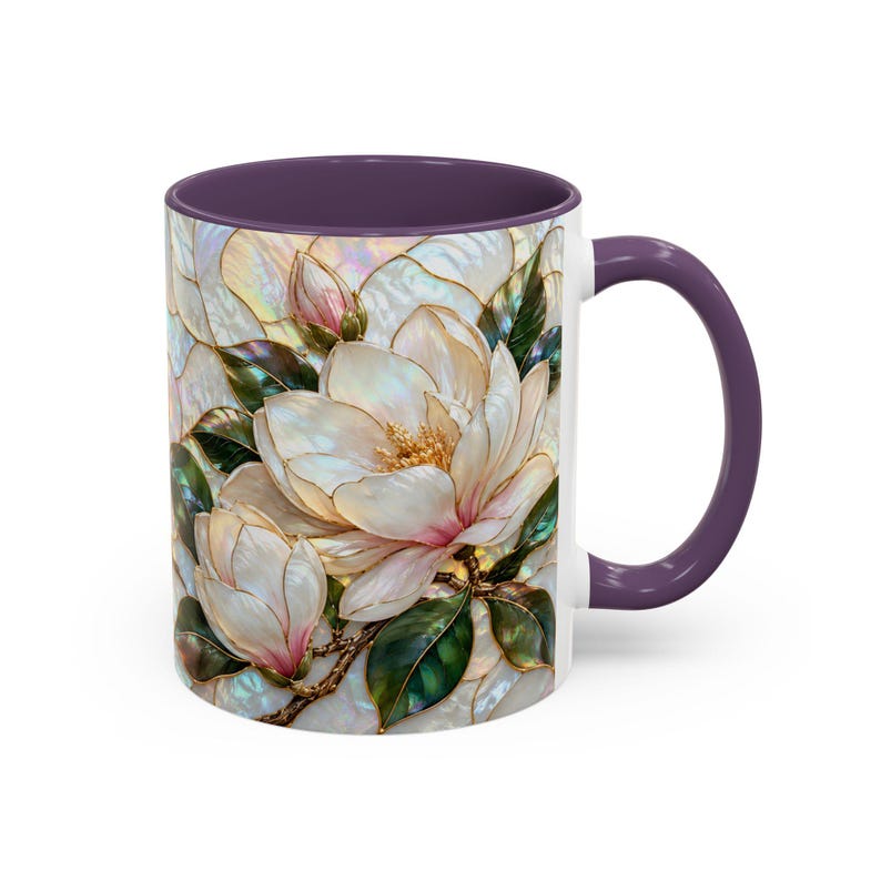 Stained Glass Magnolia Mug, White Floral Coffee Cup, Botanical Nature Gift image 15