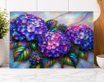 Hydrangea Cutting Board Stained Glass Floral Kitchen Decor Botanical Housewarming Gift Purple