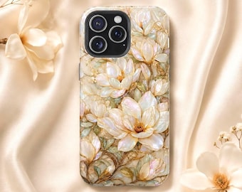 Étui de téléphone Magnolia, coque MagSafe résistante à motif floral, coque iPhone effet vitrail
