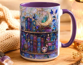 Mug bibliothèque en vitrail, tasse à café bibliothèque lune céleste, cadeau pour amoureux des livres