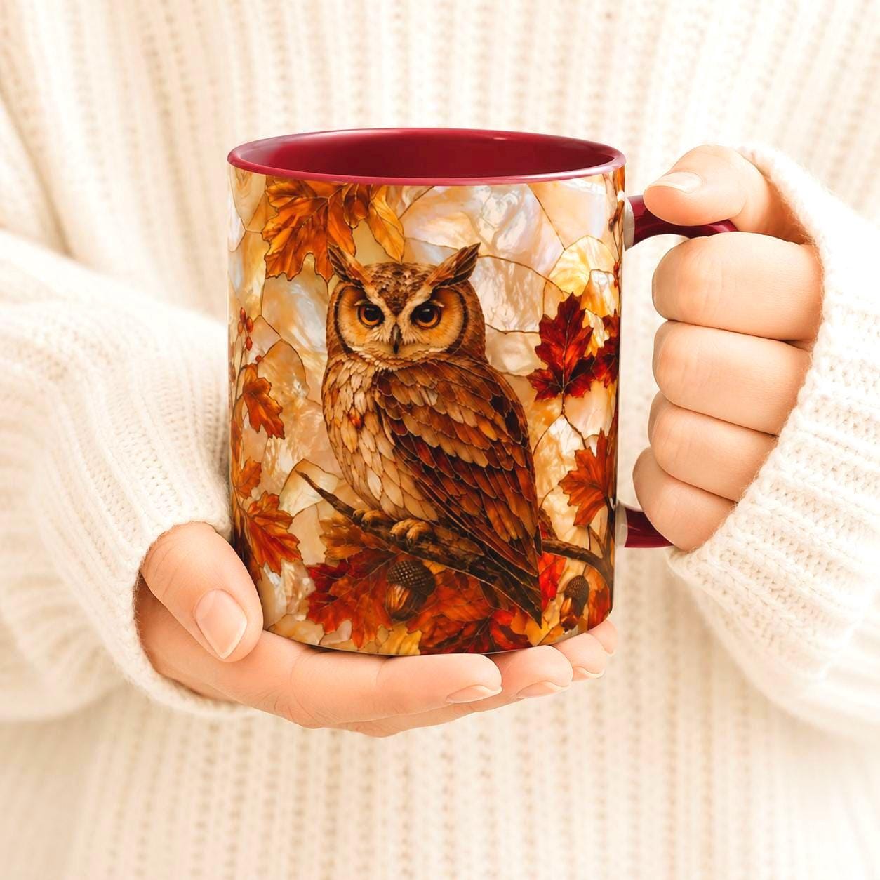 Autumn Owl Mug, Stained Glass Fall Leaves Coffee Cup, Woodland Bird Gift