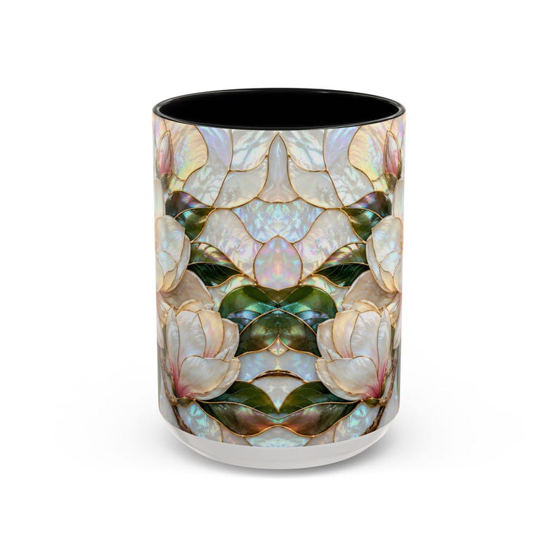 Stained Glass Magnolia Mug, White Floral Coffee Cup, Botanical Nature Gift image 12