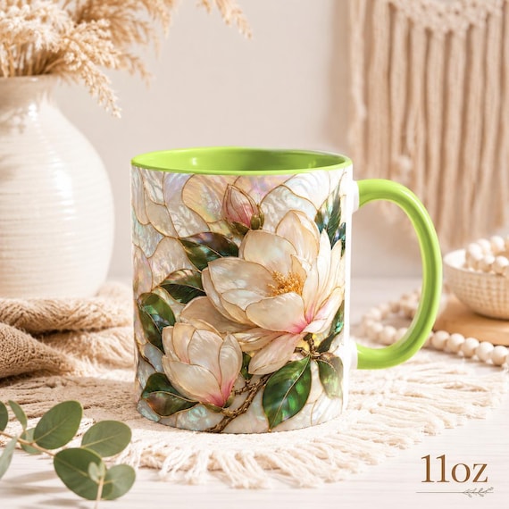 Stained Glass Magnolia Mug, White Floral Coffee Cup, Botanical Nature Gift