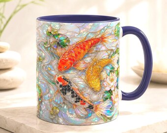 Stained Glass Koi Fish Mug, Japanese Pond Coffee Cup, Zen Nature Gift