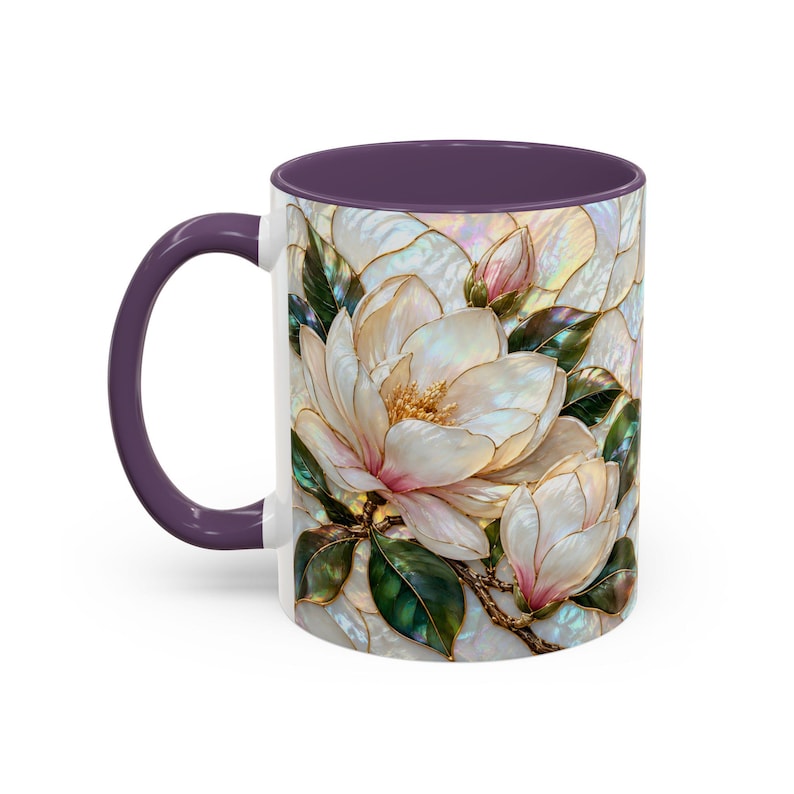 Stained Glass Magnolia Mug, White Floral Coffee Cup, Botanical Nature Gift image 13
