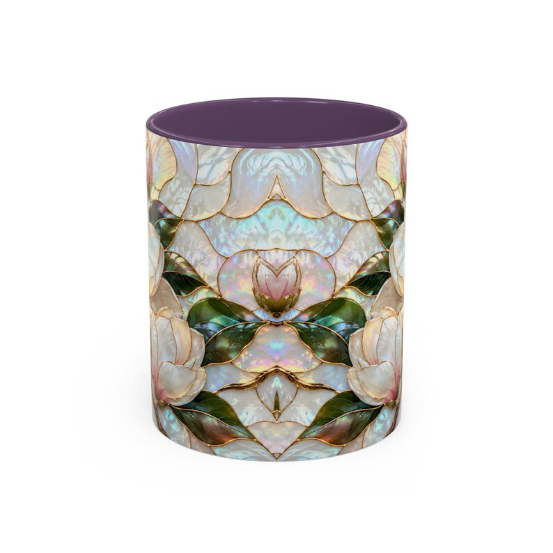 Stained Glass Magnolia Mug, White Floral Coffee Cup, Botanical Nature Gift image 14
