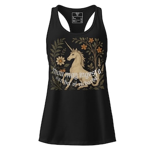 May include: Black tank top featuring a cream-colored unicorn illustration with the text "Thou may ingest a satchel of richards." The design includes floral and foliage elements in shades of green, orange, and brown.