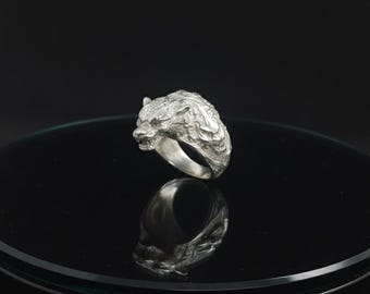 3D-varghuvud i silver, herrring, konstnärlig djurring, 925 sterlingsilverring, födelsedagspresent, present till älskare, julklapp