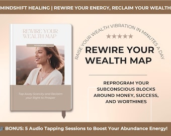 Könnte beinhalten: Ein Arbeitsbuch mit dem Titel "Rewire Your Wealth Map" mit einem Foto einer Frau auf dem Cover. Der Buchtitel wird ebenfalls in großen Buchstaben angezeigt, zusammen mit dem Satz "Raise Your Wealth Vibration in Minutes a Day". Das Buch verspricht, unterbewusste Blockaden umzuprogrammieren.