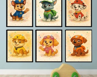 Adorable Watercolor Puppy Rescue Team Bundle, 6 Cute Digital Dog Heroes Clipart, Cartoon Style Printable Art Kids Room Decor, Gift for Kids