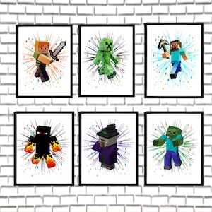 May include: Six framed prints featuring Minecraft characters. Each print showcases a different character, including Alex, a Creeper, Steve, an Enderman, a Witch, and a Zombie, all set against a colorful burst background. The prints are displayed on a white brick wall.