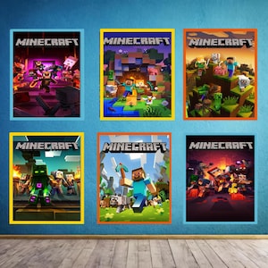 May include: Six Minecraft posters with colorful illustrations and the game's logo. Each poster features different scenes and characters from the popular video game, set against various backgrounds. The posters are framed with different colored borders.