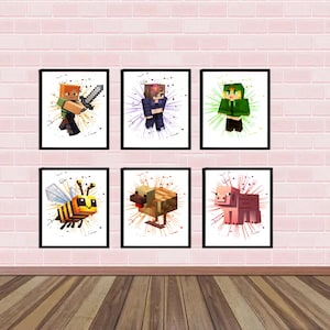 May include: Six framed prints featuring pixelated characters from a video game. The characters include a person with a sword, a person in a purple outfit, a person in a green hoodie, a bee, a chicken, and a pig. The prints are displayed on a pink brick wall.