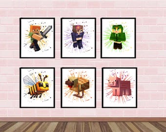 Lot de 6 personnages numériques du jeu de blocs aquarelle, style artistique pixelisé, impressions Cube Gamer, décoration murale pour chambre de fille, téléchargement immédiat d'oeuvres d'art