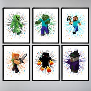 May include: Six framed Minecraft character prints. Each print features a different character, including a green Creeper, a zombie, and Steve with a pickaxe. The characters are set against a white background with colorful starburst designs.