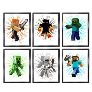 Op de afbeelding: Zes ingelijste prints met Minecraft-personages. Elke print toont een ander personage, waaronder Alex met een zwaard, een zwarte Enderman, een zombie, een groene Creeper, een skelet met een boog en Steve met een pikhouweel. De achtergronden hebben kleurrijke spatteneffecten.