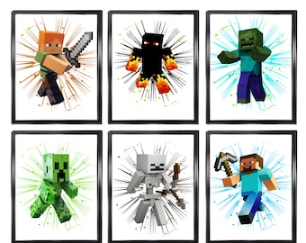 Impression d'art aquarelle numérique Pixel World, affiche de style bloc, art du monde cubique pour chambre de garçons, affiche de style jeu rétro, cadeau pour garçons et fils