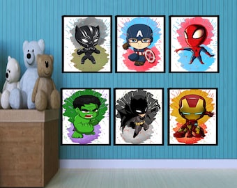 Watercolor Superhero Wall Art Set of 6, Digital Download Prints for Kids Room, Hero Nursery Decor, Room Printable Comic Art, Gift For Boys