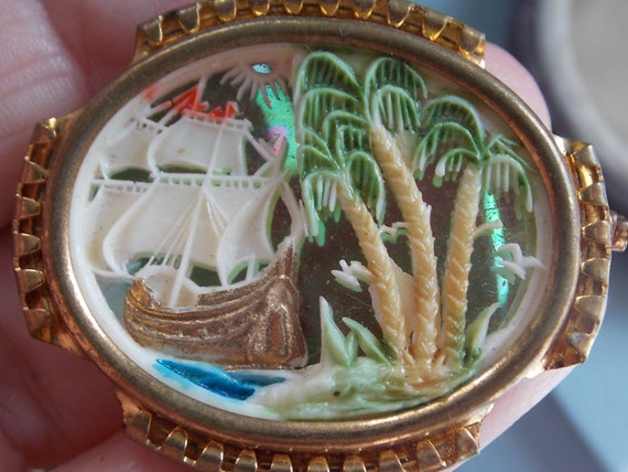 Vintage Celluloid French Galleon Palm Trees Ocean… - image 4