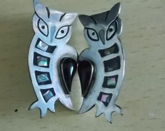 Vintage Owls  Silver Mexico Clip Earrings UNUSUAL