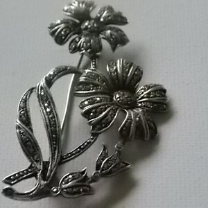 Silver Marcasite Flowers Brooch Pin Pretty and BIG image 1
