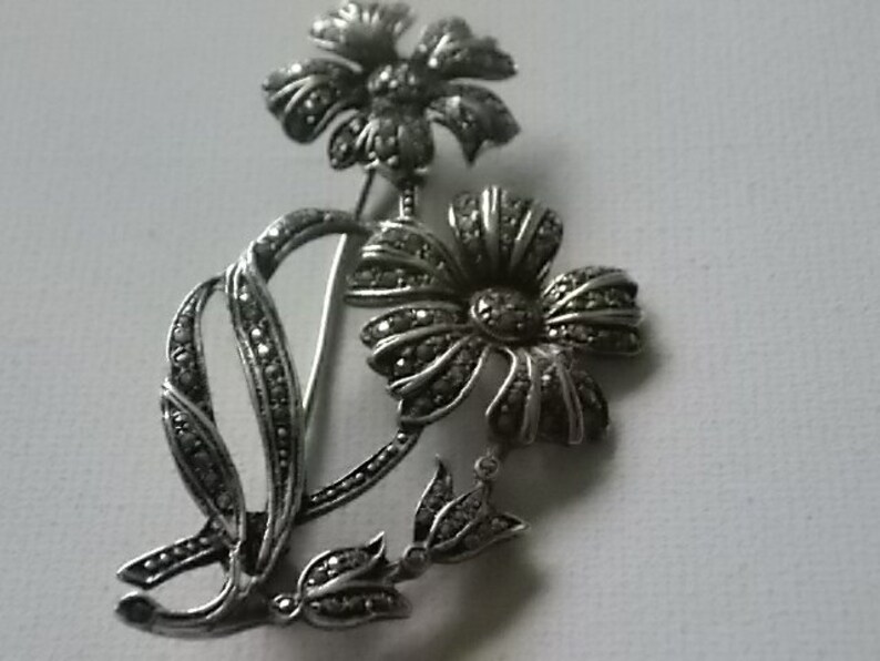 Silver Marcasite Flowers Brooch Pin Pretty and BIG image 1