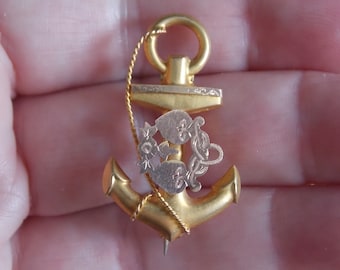Victorian 9ct Gold Anchor Heart Love Brooch Pin ROMANTIC GORGEOUS