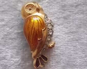 Vintage Enamel Gold Owl  Rhinestones Brooch Pin LOVELY