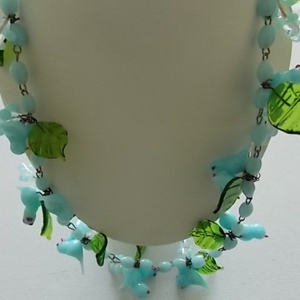 Vintage Necklace Venetian Murano Blue Glass Birds Green Leaves  - STUNNING